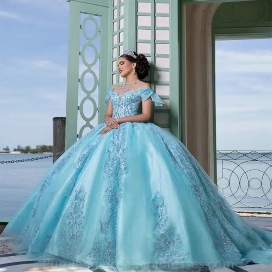 Off Shoulder Mint Glittering Quinceanera Dress Applique Lace Birthday Party Sweet 16 Vestidos De Fiesta