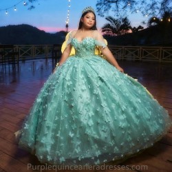 Off Shoulder Mint Green Quinceanera Dress Appliques Sequins Bow Beads Party Princess Sweet 16 Ball Gown Vestidos De 15 Anos