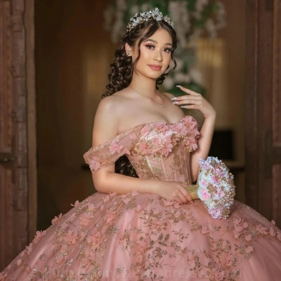 Off Shoulder Pink Ball Gown Quinceanera Dresses Tulle Gold Lace Beaded Appliques Sweet 16 Dress Vestido De 15 Anos Party