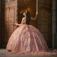 Off Shoulder Pink Ball Gown Quinceanera Dresses Tulle Gold Lace Beaded Appliques Sweet 16 Dress Vestido De 15 Anos Party