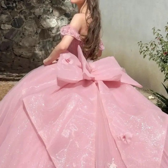 Off Shoulder Pink Glitter Sweetheart 16 Quinceanera Dresses Bling Bling Applique Beads Tulle Birthday Party Dress vestidos de 15