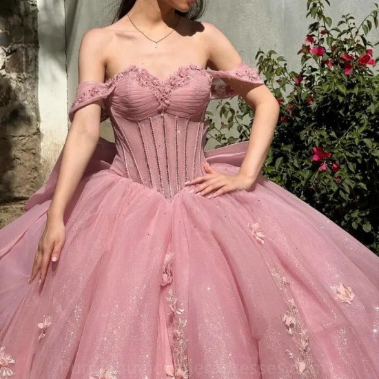 Off Shoulder Pink Glitter Sweetheart 16 Quinceanera Dresses Bling Bling Applique Beads Tulle Birthday Party Dress vestidos de 15