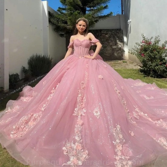 Off Shoulder Pink Glitter Sweetheart 16 Quinceanera Dresses Bling Bling Applique Beads Tulle Birthday Party Dress vestidos de 15