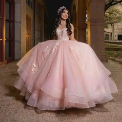 Off Shoulder Pink Princess Quinceanera Dresses Lace Appliques Tull Ball Gown Sweet 16 17 Birthday vestidos de 15 quinceanera