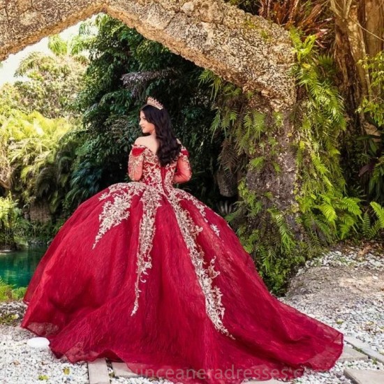 Off Shoulder Red Quinceanera Dress Ball Gown Gold Appliques Lace Beaded Tull Mexican Long Sleeved Sweet 16 Vestidos De 15 Anos