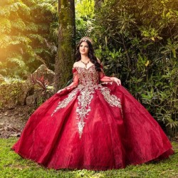 Off Shoulder Red Quinceanera Dress Ball Gown Gold Appliques Lace Beaded Tull Mexican Long Sleeved Sweet 16 Vestidos De 15 Anos