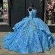 Off Shoulder Sky Blue Shiny Quinceanera Dress Beads With Cape Princess Prom Ball Gown Sweet 16 XV Years Old Miss Birthday Pagean