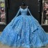 Off Shoulder Sky Blue Shiny Quinceanera Dress Beads With Cape Princess Prom Ball Gown Sweet 16 XV Years Old Miss Birthday Pagean