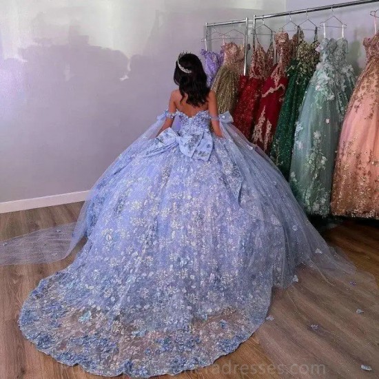 Off The Shoulder Blue Ball Gown Quinceanera Dress 3D Flowers Appliques Beading Corset Vestidos Para XV Anos