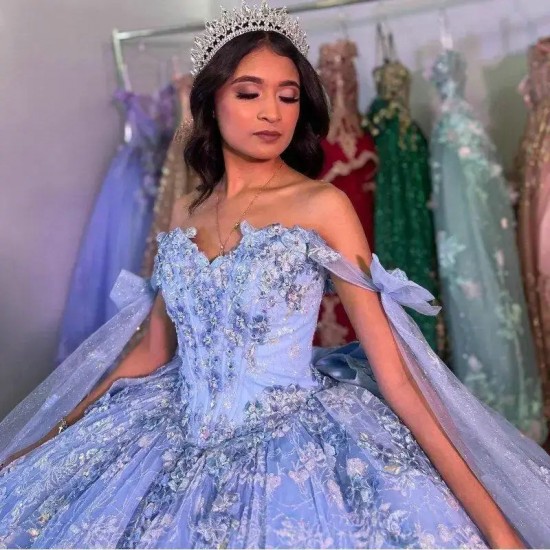 Off The Shoulder Blue Ball Gown Quinceanera Dress 3D Flowers Appliques Beading Corset Vestidos Para XV Anos