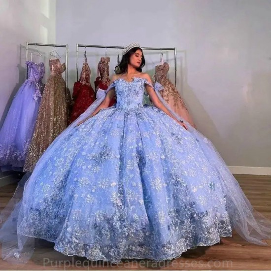 Off The Shoulder Blue Ball Gown Quinceanera Dress 3D Flowers Appliques Beading Corset Vestidos Para XV Anos