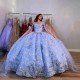 Off The Shoulder Blue Ball Gown Quinceanera Dress 3D Flowers Appliques Beading Corset Vestidos Para XV Anos