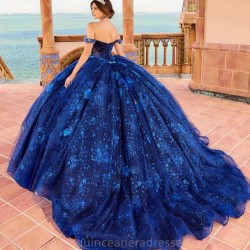 Off The Shoulder Blue Quinceanera Dresses Tulle Beading Party Dress Appliques Lace Up Court Train Prom Ball Gown vestidos