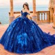 Off The Shoulder Blue Quinceanera Dresses Tulle Beading Party Dress Appliques Lace Up Court Train Prom Ball Gown vestidos