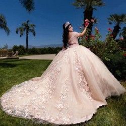 Off The Shoulder Pink Beading Crystal Ball Gown Quinceanera Dresses 3D Flowers Appliques Lace Corset Vestidos De 15 Anos