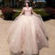 Off The Shoulder Pink Beading Crystal Ball Gown Quinceanera Dresses 3D Flowers Appliques Lace Corset Vestidos De 15 Anos