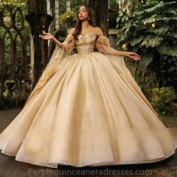 Off The Shoulder Champagne Quinceanera Dresses 2024 Beaded Princess Sweet 16 Dresses Ball Gown Birthday Gowns Lace up