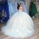 Off The Shoulder Champagne Shiny Ball Gown Quinceanera Dresses Appliques Lace Beads Tull Corset Vestidos De 15 Anos