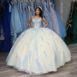 Off The Shoulder Champagne Shiny Ball Gown Quinceanera Dresses Appliques Lace Beads Tull Corset Vestidos De 15 Anos