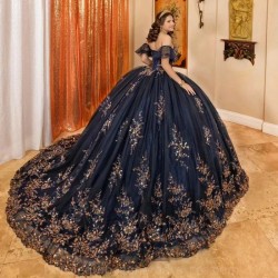 Off The Shoulder Dark Navy Beading Ball Gown Quinceanera Dresses Sequined Appliques Lace Corset Vestidos De 15 Anos