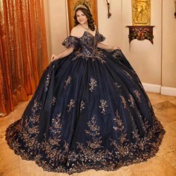 Off The Shoulder Dark Navy Beading Ball Gown Quinceanera Dresses Sequined Appliques Lace Corset Vestidos De 15 Anos