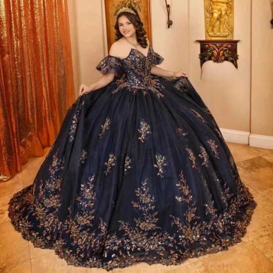 Off The Shoulder Dark Navy Beading Ball Gown Quinceanera Dresses Sequined Appliques Lace Corset Vestidos De 15 Anos