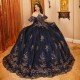 Off The Shoulder Dark Navy Beading Ball Gown Quinceanera Dresses Sequined Appliques Lace Corset Vestidos De 15 Anos