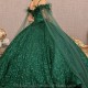 Off The Shoulder Emerald Green Ball Gown Quinceanera Dresses Appliques Lace Beads Feather With Cape Corset Vestidos Para XV Anos