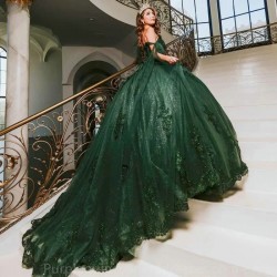 Off The Shoulder Emerald Green Beading Ribbons Ball Gown Quinceanera Dresses Floral Appliques Lace Corset Vestidos De 15 Anos