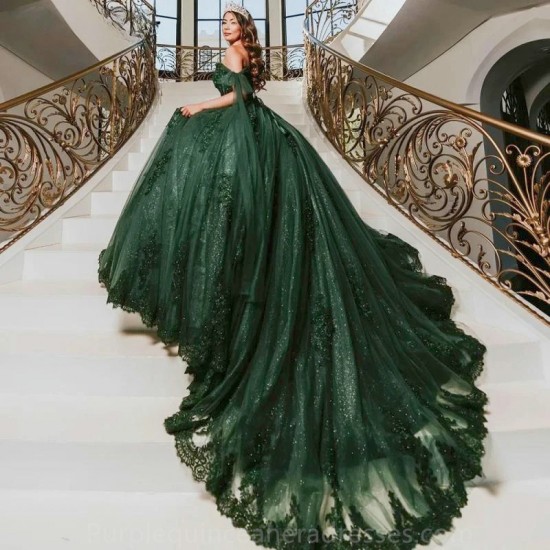 Off The Shoulder Emerald Green Beading Ribbons Ball Gown Quinceanera Dresses Floral Appliques Lace Corset Vestidos De 15 Anos