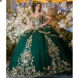 Off The Shoulder Emerald Green Beading Tassel Ball Gown Quinceanera Dresses Gold Appliques Corset Vestidos De 15 Anos