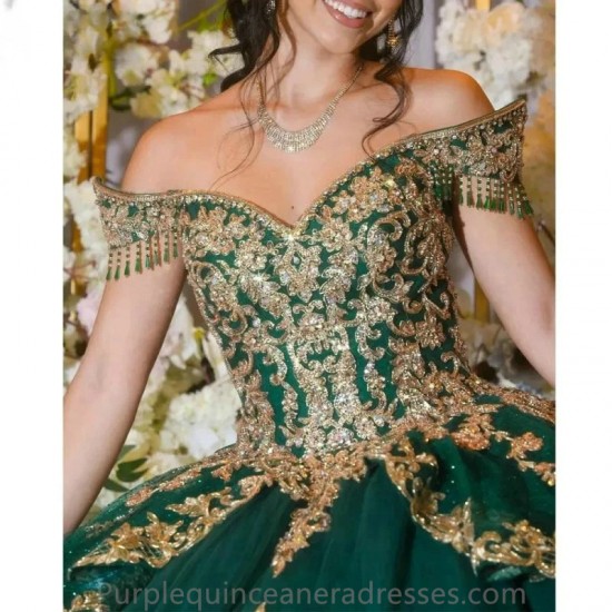 Off The Shoulder Emerald Green Beading Tassel Ball Gown Quinceanera Dresses Gold Appliques Corset Vestidos De 15 Anos