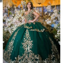 Off The Shoulder Emerald Green Beading Tassel Ball Gown Quinceanera Dresses Gold Appliques Corset Vestidos De 15 Anos