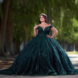 Off The Shoulder Emerald Green Glitter Sequined Ball Gown Quinceanera Dresses Beading Corset Vestidos De 15 Anos