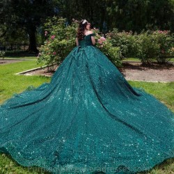 Off The Shoulder Emerald Green Glitter Sequined Ball Gown Quinceanera Dresses Beading Corset Vestidos De 15 Anos