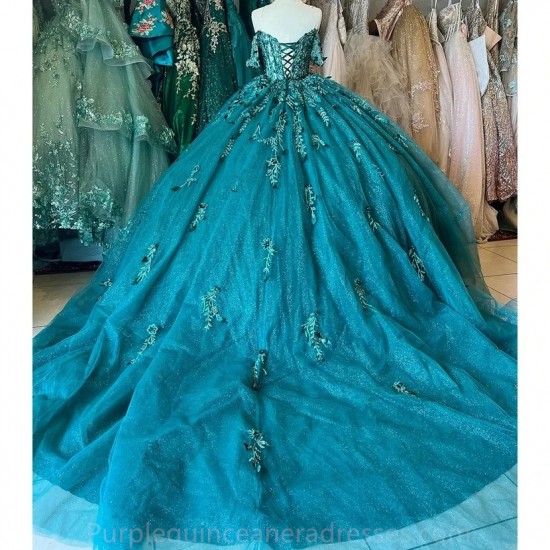 Off The Shoulder Emerald Green Illusion 3D Flowers Ball Gown Quinceanera Dresses Sequined Appliques Corset Vestidos De 15 Anos