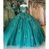 Off The Shoulder Emerald Green Illusion 3D Flowers Ball Gown Quinceanera Dresses Sequined Appliques Corset Vestidos De 15 Anos