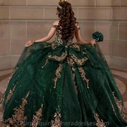 Off The Shoulder Emerald Green Quinceanera Dresses Ball Gown Gold Sequined Appliques Beading Corset Vestidos De 15 Anos With Bow