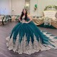 Off The Shoulder Emerald Green Quinceanera Dresses Ball Gown With Cape Tulle Appliques Puffy Sweet 16 Dresses