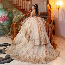 Off The Shoulder Gold Pearls Beading Ball Gown Quincenara Dresses Sequined Appliques Lace Sweet 15 Vestidos De XV Anos