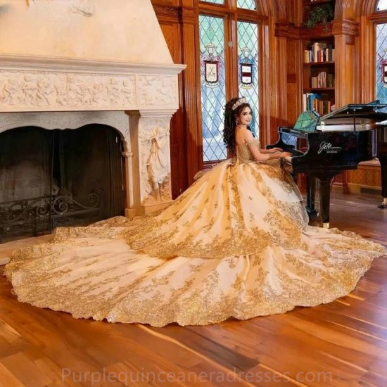 Off The Shoulder Gold Pearls Beading Ball Gown Quincenara Dresses Sequined Appliques Lace Sweet 15 Vestidos De XV Anos