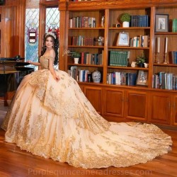 Off The Shoulder Gold Pearls Beading Ball Gown Quincenara Dresses Sequined Appliques Lace Sweet 15 Vestidos De XV Anos