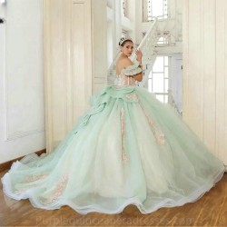 Off The Shoulder Illusion Ruffles Princess Ball Gown Quinceanera Dresses Pink Appliques Lace Corset Vestidos De 15 Anos