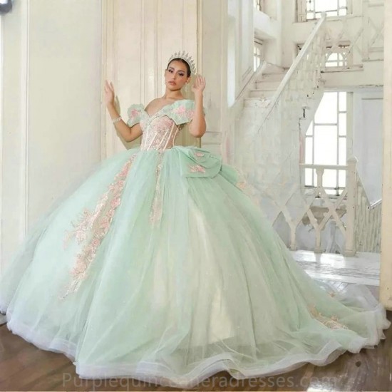 Off The Shoulder Illusion Ruffles Princess Ball Gown Quinceanera Dresses Pink Appliques Lace Corset Vestidos De 15 Anos