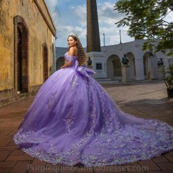 Off The Shoulder Lavender Beading Crystal Quincenara Dresses Ball Gown Appliques Lace Bow Tull Sweet 15 Vestidos De XV Anos