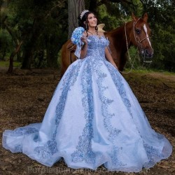 Off The Shoulder Light Blue Bow Ball Gown Quinceanera Dresses Sequined Appliques Lace Corset Vestidos De 15 Anos