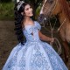 Off The Shoulder Light Blue Bow Ball Gown Quinceanera Dresses Sequined Appliques Lace Corset Vestidos De 15 Anos