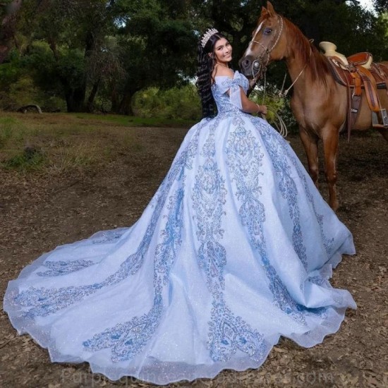 Off The Shoulder Light Blue Bow Ball Gown Quinceanera Dresses Sequined Appliques Lace Corset Vestidos De 15 Anos