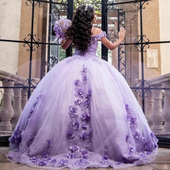 Off The Shoulder Lilac 3D Flowers Quinceanera Dresses Ball Gown Appliques Lace Corset Vestidos De 15 Anos