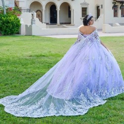 Off The Shoulder Lilac Ball Gown Quincenara Dress Applique Lace Beads Tull With Cape Ribbons Corset Vestidos 15 De XV Anos